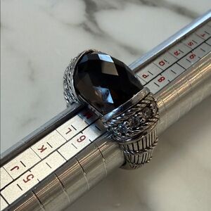 Judith Ripka silver ring with faceted smoky quartz with CZ accents, size 6.5-7